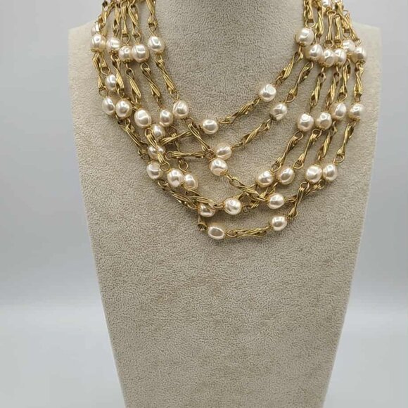 J Crew 12 Strands of Faux Pearls Gold Tone Link Necklace - Picture 9 of 13